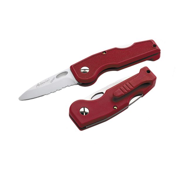 FOLD. KNIFE, FRIEND Series, RED PLASTIC hdl +CLIP, S/S COMBO bld MICRO-BEAD PEENED, RETAIL pkg