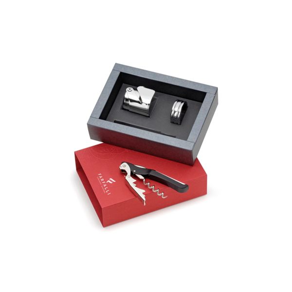 FARFALLI WINE SET SMART, C/S CORKSCREW & STOPPER +DRIP COLLAR (FF W002), pkg GIFT BOX, MOQ pcs 5