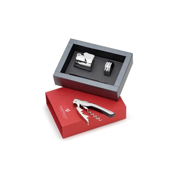 FARFALLI WINE SET SMART, S/S CORKSCREW & STOPPER +DRIP COLLAR (FF W002), pkg GIFT BOX, MOQ pcs 5