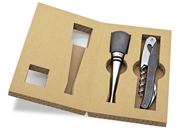 FARFALLI WINE SET METALLUM - BURNISHED STEEL DOLPHIN CORKSCREW + STOPPER, pkg GIFT BOX