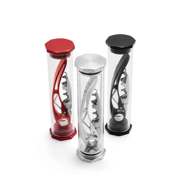 FARFALLI CORKSCREW ARIA, RED ALUMINUM hdl pkg TRANSPARENT PLEXIGLAS TUBE, MOQ pcs 6