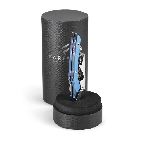 FARFALLI CORKSCREW T22 TITANIUM, SHINY BLUE pkg TRANSPARENT PLEXIGLAS TUBE