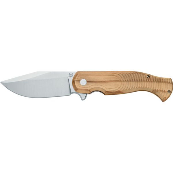 FOX EAST WOOD TIGER FOLDING KNIFE STAINLESS STEEL CPM-S90VN SATIN BLADE, OLIVE WOOD HANDLE