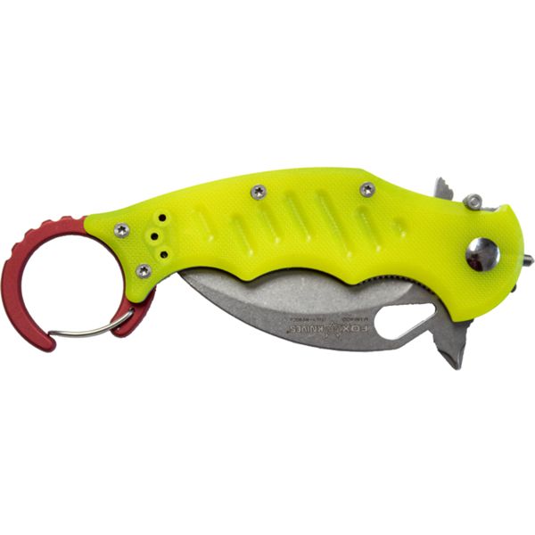 FOX MINI KARAMBIT, FOLD. KNIFE, LAWKS SYSTEM, bld N690 STONEWASHED, hdl G10 YELLOW