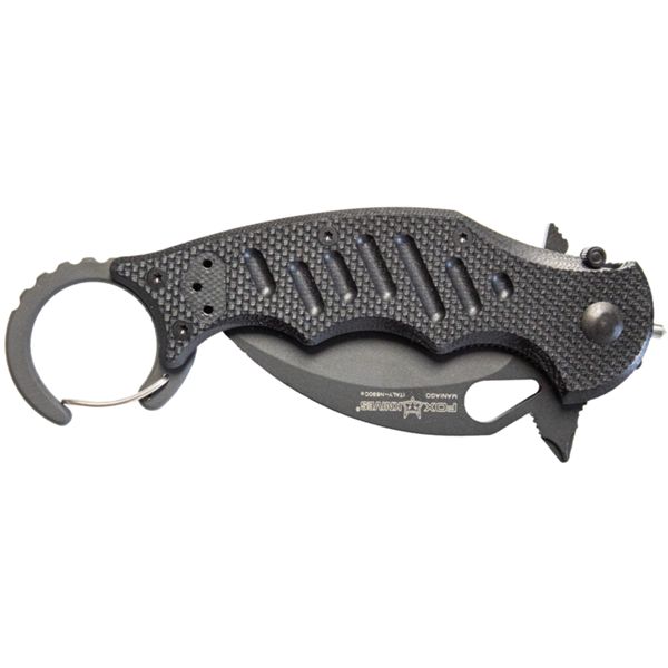 FOX MINI KARAMBIT, FOLD. KNIFE, LAWKS SYSTEM, bld N690 BLACK, hdl G10 BLACK