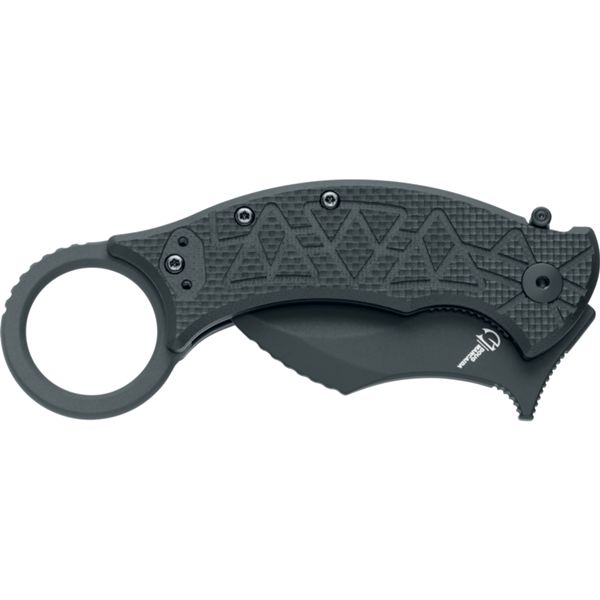 FOX/MARCAIDA FX 802 TRIBAL K KARAMBIT FOLDING KNIFE, N690CO BLACK TOP SHIELD bld., G10 BLACK hdl.