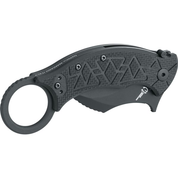 FOX/MARCAIDA FX 802 TRIBAL K KARAMBIT FOLDING KNIFE, N690CO BLACK TOP SHIELD bld., G10 BLACK hdl.