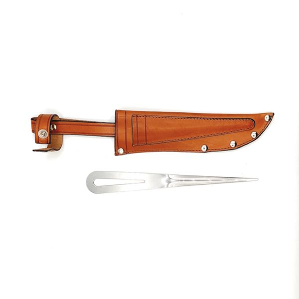 KNIFE BOAT, S/S bld, SAPELLI MAHOGANY WOOD hdl, w/LETHER SHEATH, + MARLIN SPIKE, BULK pkg