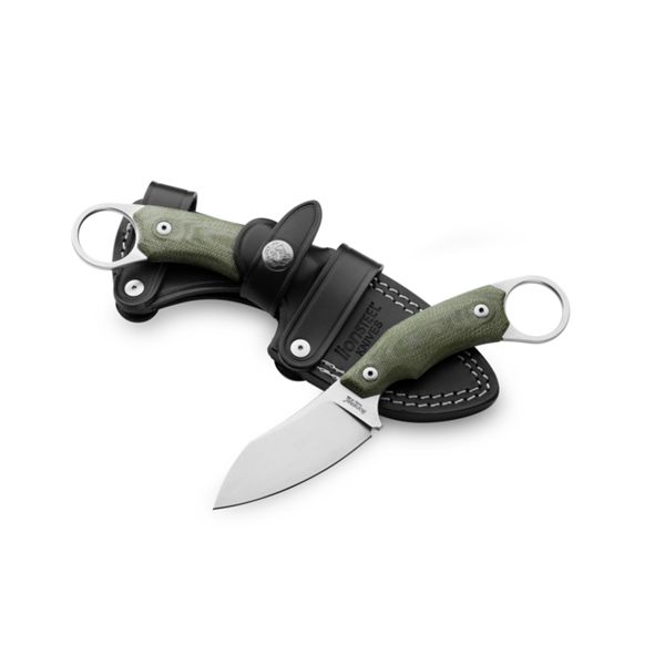 H1 - Fixed bld M390 STONEWASHED, Solid GREEEN CANVAS hdl, leather sheath, Skinner