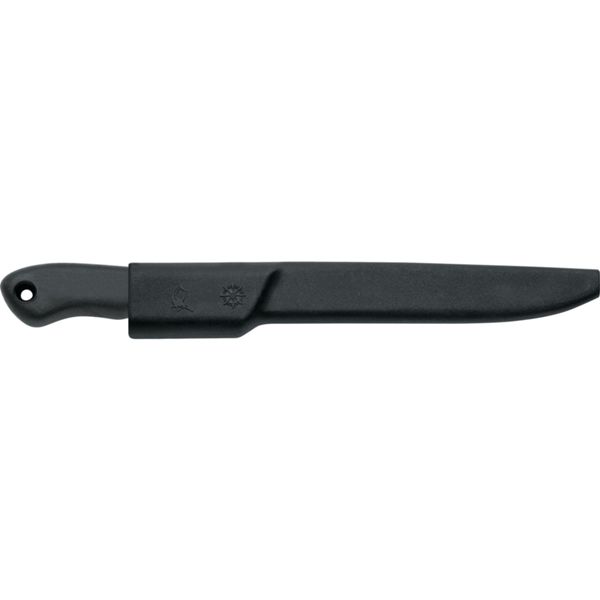 FISHING KNIFE, FILLETING, S/S bld 18 CM, CURVED, PLASTIC hdl: BLK, +SHEATH