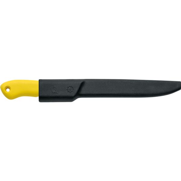 FISHING KNIFE, FILLETING, S/S bld 18 CM, CURVED, PLASTIC hdl: YEL, +SHEATH