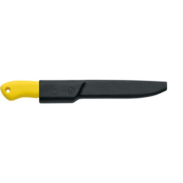 FISHING KNIFE, FILLETING, S/S bld 15 CM, CURVED, PLASTIC hdl: YEL, +SHEATH