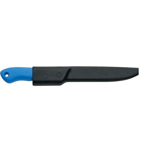 FISHING KNIFE, FILLETING, S/S bld 15 CM, WIDE w/SCALING, PLASTIC hdl: BLU, +SHEATH