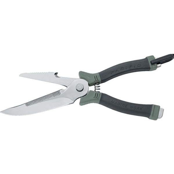 DIVING KNIFE PACIFIC MARINE WORKS w/SCISSORS, S/S bld 12 CM, PLASTIC hdl: BLK/GRN, +SHEATH