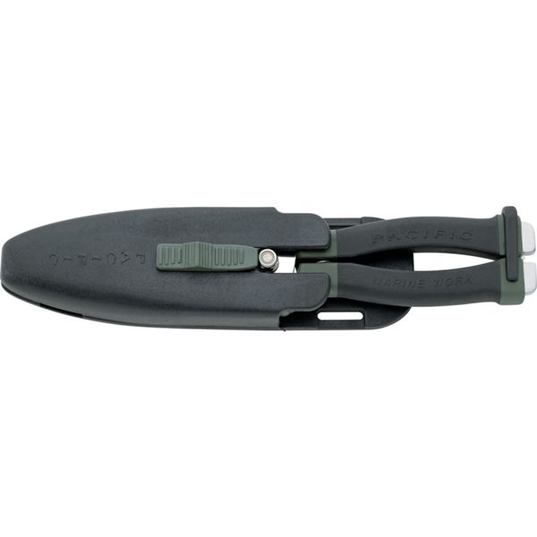 DIVING KNIFE PACIFIC MARINE WORKS w/SCISSORS, S/S bld 12 CM, PLASTIC hdl: BLK/GRN, +SHEATH