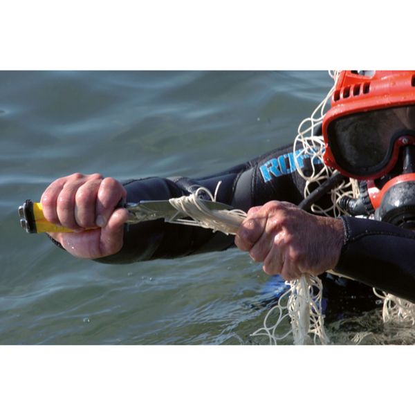 DIVING KNIFE PACIFIC MARINE WORKS w/SCISSORS, S/S bld 12 CM, PLASTIC hdl: BLK/YEL, +SHEATH