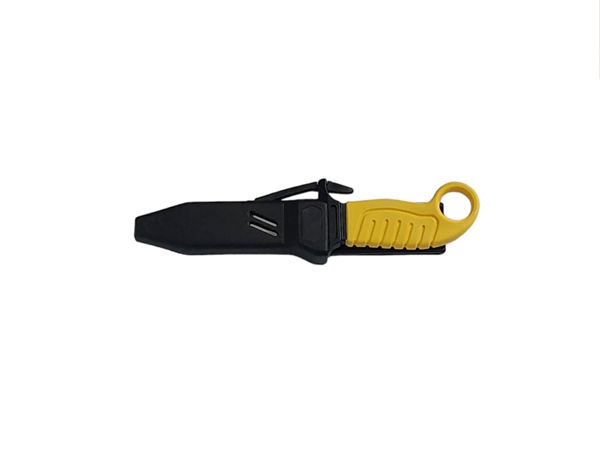 DIVING KNIFE SQUALO, S/S bld 13 CM, PLASTIC hdl: YEL, +SHEATH, +RUBBER RING SPARE PART