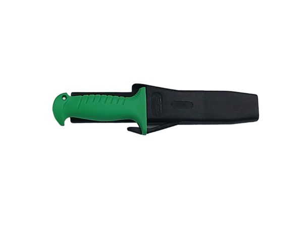 DIVING KNIFE SQUALO, S/S bld 14 CM, PLASTIC hdl: GRN, +SHEATH, +RUBBER RING SPARE PART