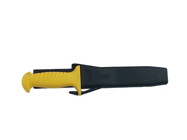 DIVING KNIFE SQUALO, S/S bld 17 CM BLK TEFLON COATED, PLASTIC hdl: YEL, +SHEATH, +RUBBER RING SPARE PART