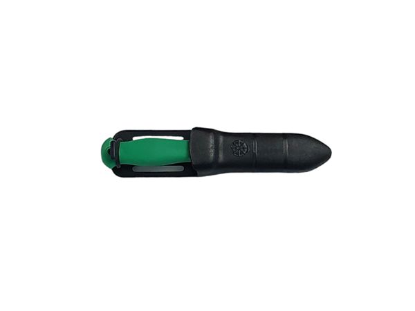 DIVING KNIFE SUB, S/S bld 11 CM, PLASTIC hdl: GRN, +SHEATH, +RUBBER RING SPARE PART