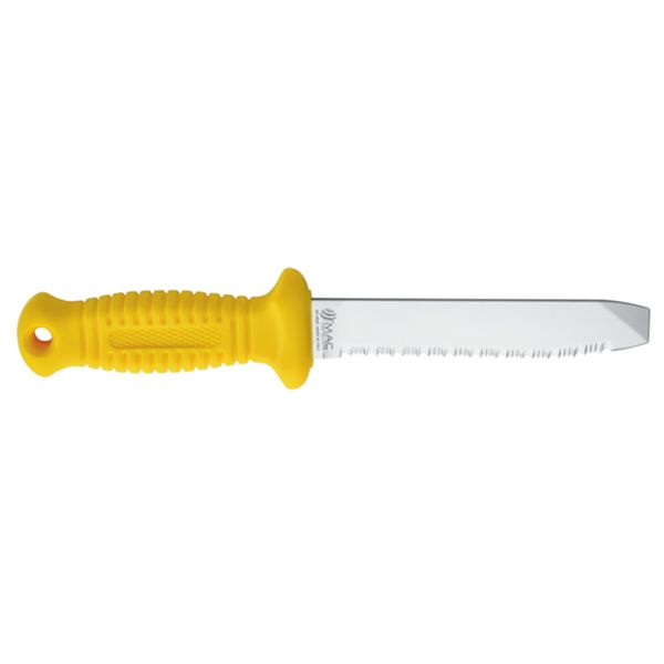 DIVING KNIFE SUB, S/S SERRATED bld 14 CM BLUNT, PLASTIC hdl: YEL, +YEL PLASTIC SHEATH w/SPIRAL LANYARD AND CARABINIERS w/RUBBER STRAPS FOR ARM OR LEG CARRY w/PLASTIC BUCKLE (PAIR)