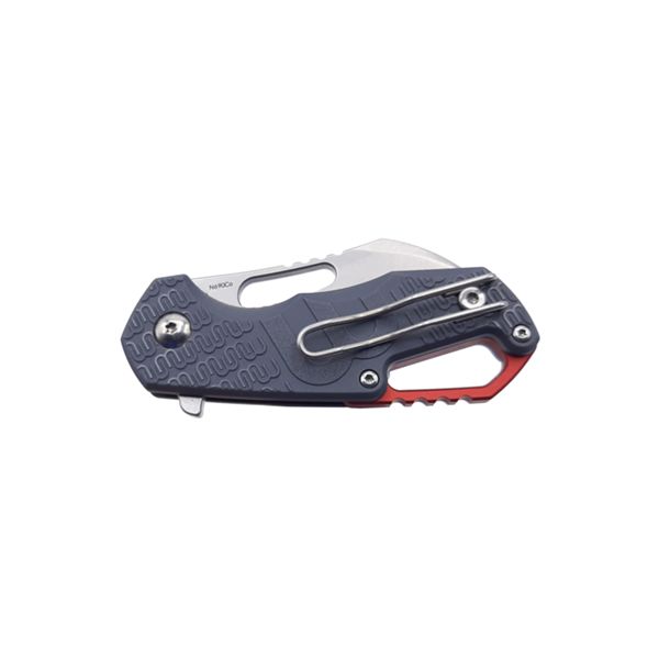 MKM ISONZO – N690 SW HAWKBILL bld, GRY FRN hdl - RED Al SPACER & RING - S/S REV. CLIP, S/S LINER LOCK - FLIPPER - THUMB HOLE OPENING