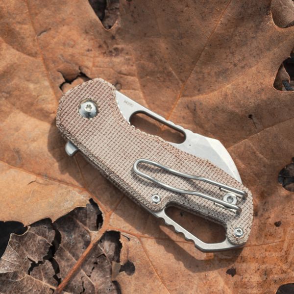 MKM ISONZO – M390 SW HAWKB bld - NAT CNV MICARTA h, SW Ti SPACER & RING - S/S LINER LOCK & REV. CLIP, FLIPPER - THUMB HOLE OPENING +ZIP NYLON POUCH