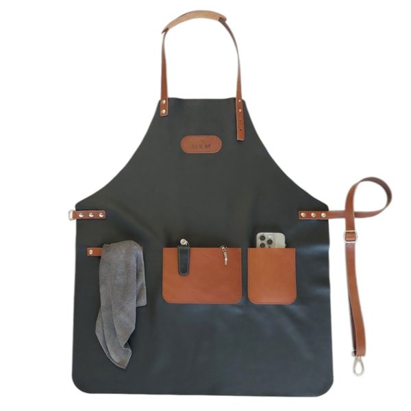 MKM GRILL & BBQ APRON, 100% VEGETABLE BLACK TANNED LEATHER IN TUSCANY - ITALY