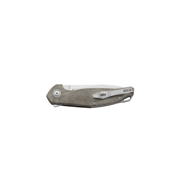 MKM GOCCIA – M390 SATIN bld - GRN CNV MICARTA hdl, B.BLAST. Ti SPACER, CLIP & RING, FLIPPER - S/S LINER LOCK +ZIP NYLON POUCH