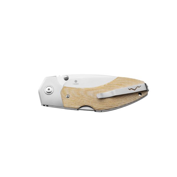 MKM HERO – M390 SW bld - NAT CNV MICARTA hdl, UNIQUE PIECE Ti BOLSTERS & LINERS - REV. Ti CLIP, THUMB STUD - ADV. BACK LOCK +ZIP NYLON POUCH