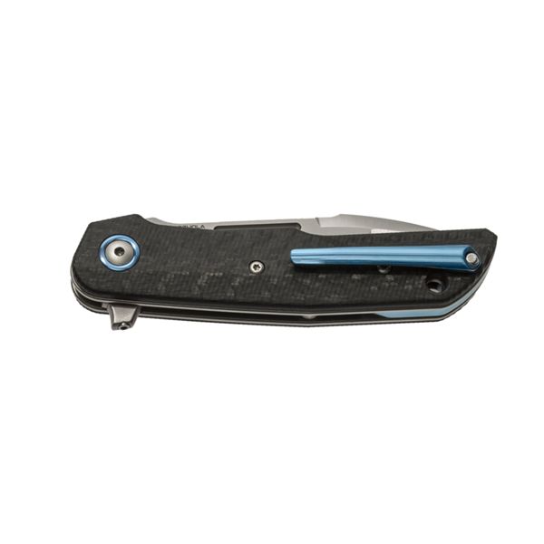 MKM CLAP – M390 SATIN bld - S/S LINER LOCK, CF hdl - BLU Ti SPACER & CLIP, REMOVABLE FLIPPER - NAIL NICK +ZIP NYLON POUCH