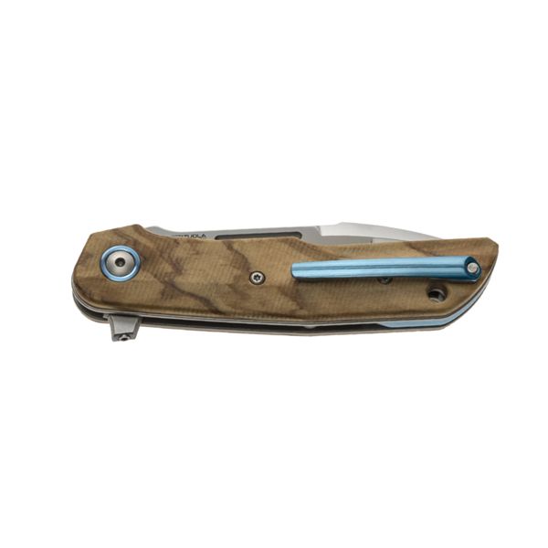 MKM CLAP – M390 SATIN bld - S/S LINER LOCK, OLIVE WOOD hdl - BLU Ti SPACER & CLIP, REMOVABLE FLIPPER - NAIL NICK +ZIP NYLON POUCH