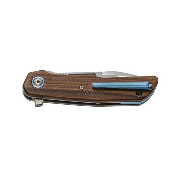 MKM CLAP – M390 SATIN bld - S/S LINER LOCK, SANTOS WOOD hdl - BLU Ti SPACER & CLIP, REMOVABLE FLIPPER - NAIL NICK +ZIP NYLON POUCH