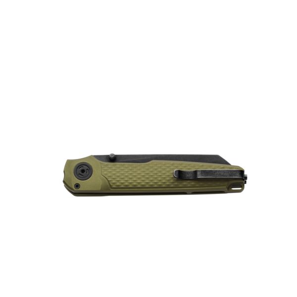 MKM MIURA – MAGNACUT DSW bld - SOLID Green Alu hdl, BUTTON LOCK - REV. S/S CLIP - S/S SCREWS, THUMB STUD OPENING +ZIP NYLON POUCH