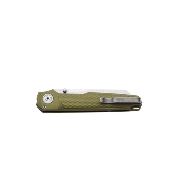 MKM MIURA – MAGNACUT SW bld - SOLID Green Alu hdl, BUTTON LOCK - REV. S/S CLIP - S/S SCREWS, THUMB STUD OPENING +ZIP NYLON POUCH