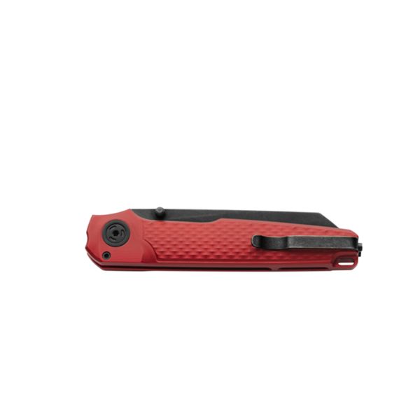 MKM MIURA – MAGNACUT DSW bld - SOLID Red Alu hdl, BUTTON LOCK - REV. S/S CLIP - S/S SCREWS, THUMB STUD OPENING +ZIP NYLON POUCH