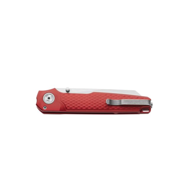 MKM MIURA – MAGNACUT SW bld - SOLID Red Alu hdl, BUTTON LOCK - REV. S/S CLIP - S/S SCREWS, THUMB STUD OPENING +ZIP NYLON POUCH