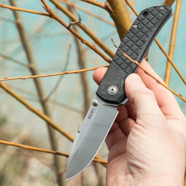 MKM MAXIMO – M390 SW bld - BLK CNV MICARTA hdl, B.BLAST. Ti FRAME LOCK - S/S CLIP - Ti SPACER, FLIPPER - THUMB STUD - GLASSBREAKER +KEY & SCREW