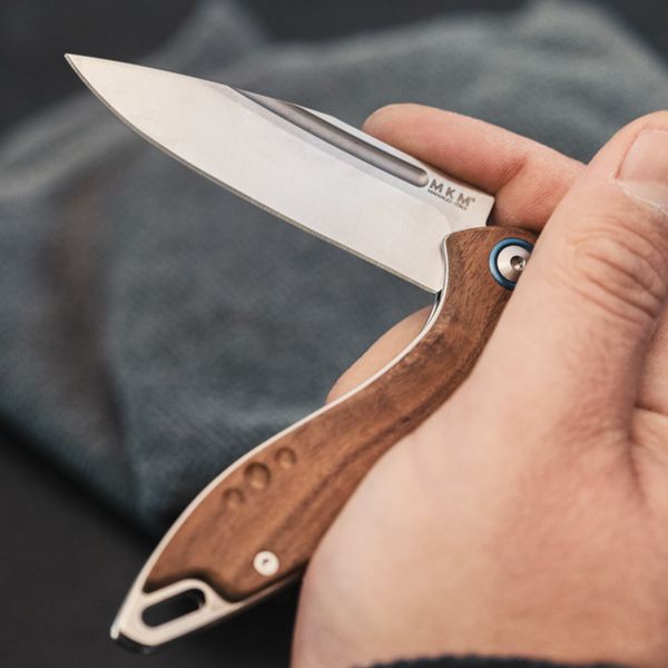 MKM FARA – M390 SATIN bld - SANTOS WOOD hdl, SLIP JOINT - S/S SPRING - NAIL NICK, +MKM POCKET LEATHER SHEATH w/MAGNETIC CLIP