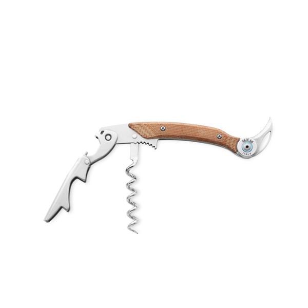 MKM OMNIA – CORKSCREW, S/S SPIRAL AND DOUBLE LEVER SYSTEM DLS w/CAP LIFTER AND SPIRAL, NATURAL CANVAS MICARTA hdl