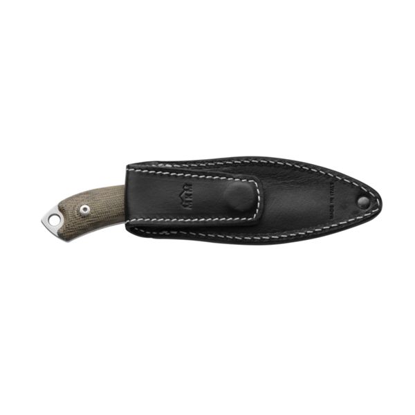 MKM POCKET TANGO 1 - MAGNACUT MUK Satin Fixed bld, MARBLE CARBON FIBER hdl, +MKM POCKET LEATHER SHEATH w/MAGNETIC CLIP