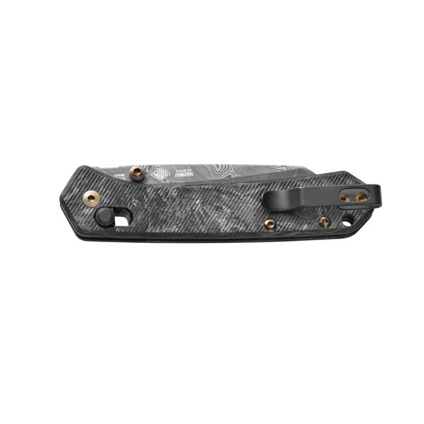 MKM YIPPER – LIMITED EDITION DAMASCUS bld - CARBON FIBER hdl, CROSS BAR LOCK, BRONZE ANODIZED TITANIUM THUMB STUD OPENING, SPACER AND SCREWS, BLACK COATED S/S REVERSIBLE CLIP, +ZIP NYLON POUCH