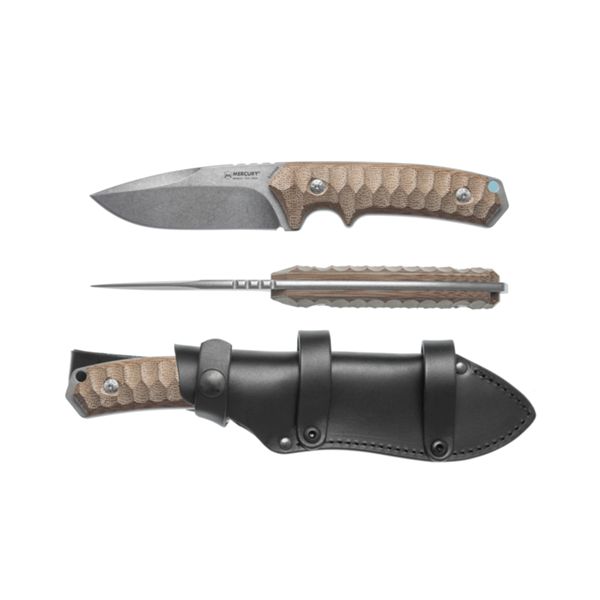 MERCURY RANGER – SLEIPNER SW DROP POINT FIXED bld, NAT CANVAS MICARTA hdl, BLK LEATHER SHEATH