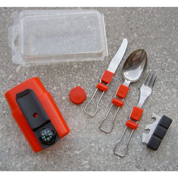 CAMPING SET, 4 FOLDING TOOLS, w/GLASS, S/S FORK+KNIFE+SPOON+ BOTTLE OPENER, PLASTIC hdl