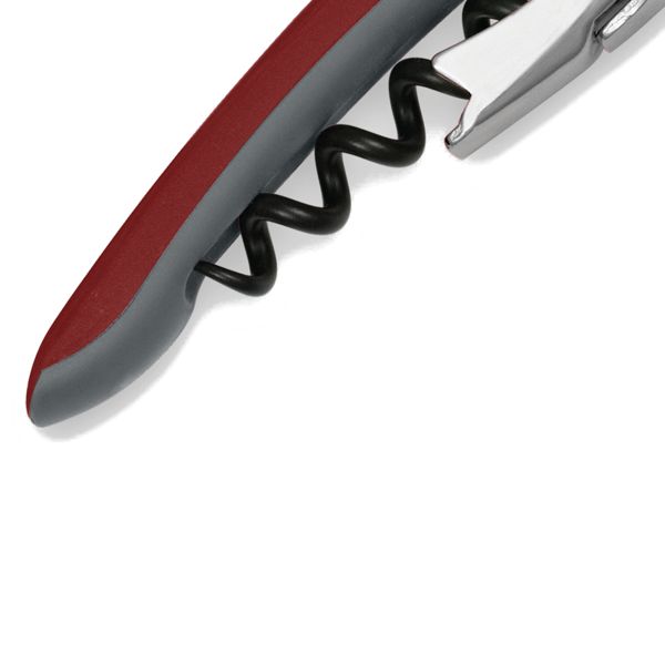 CORKSCREW MURANO, S/S SERRATED bld, S/S DOUBLE LEVER, C/S BLK COATED SPIRAL, GRY GUM + PLASTIC RED 186c hdl, BULK pkg