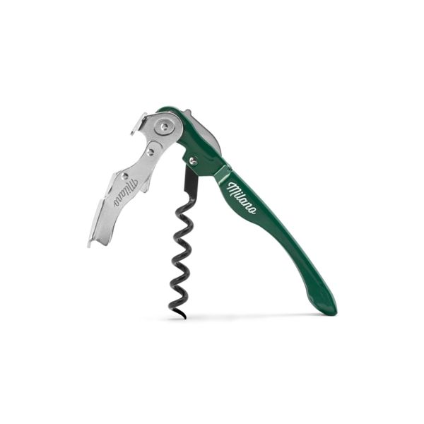 CORKSCREW MILANO BASIC, S/S SERRATED bld, S/S DOUBLE LEVER, C/S BLK COATED SPIRAL, BLK PLASTIC + C/S LIGHT GREEN - RAL-6027 hdl, BULK pkg