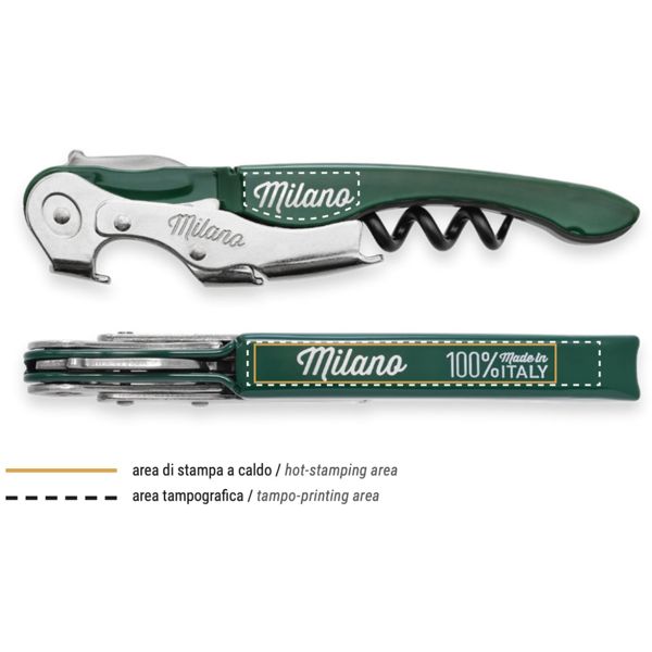 CORKSCREW MILANO BASIC, S/S SERRATED bld, S/S DOUBLE LEVER, C/S BLK COATED SPIRAL, BLK PLASTIC + C/S LIGHT GREEN - RAL-6027 hdl, BULK pkg