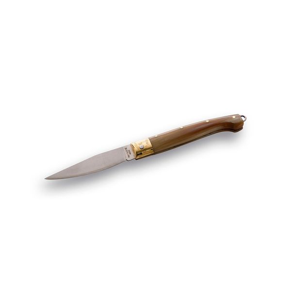 FOLD. KNIFE, PATTADA, HORN hdl, S/S bld + BRASS BOLSTER, CM 17 (M), BULK pkg