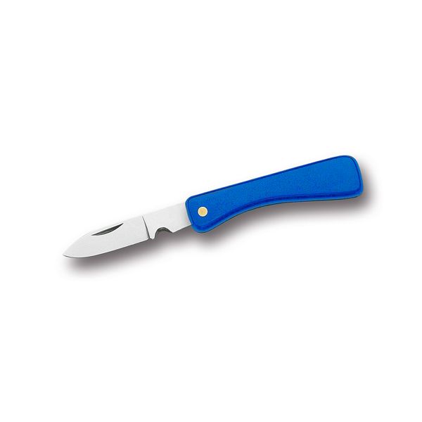 FOLD. KNIFE ELECTRICIAN VOLT LINE, BLU PLASTIC hdl, S/S bld, w/ROUND WIRE-SCRAPER, BULK pkg