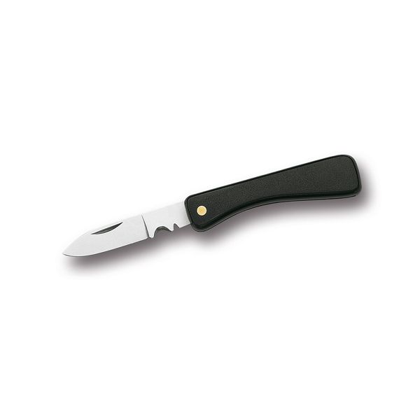 FOLD. KNIFE ELECTRICIAN WATT LINE, BLK PLASTIC hdl, C/S bld, w/2 WIRE-SCRAPER ROUND-TRIANGLE, BULK pkg